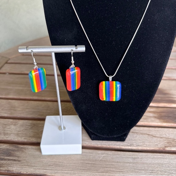Pride fused glass pendant and earrings - choice of sterling silver chain - Picture 2 of 7